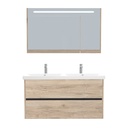 Berlin Badkamermeubel Set 120 cm Duitse Eik - Onderkast MDF Softclose Greeploos 2 lades met Keramische Wastafel 2 kraangat en Badkamerspiegelkast met Led-verlichting