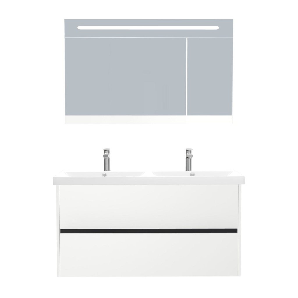 [T-BE-120-ST-WEL-LSK-HW] Berlin Badkamermeubel Set 120 cm Hoogglans Wit - Onderkast MDF Softclose Greeploos 2 lades met Keramische Wastafel 2 kraangat en Badkamerspiegelkast met Led-verlichting