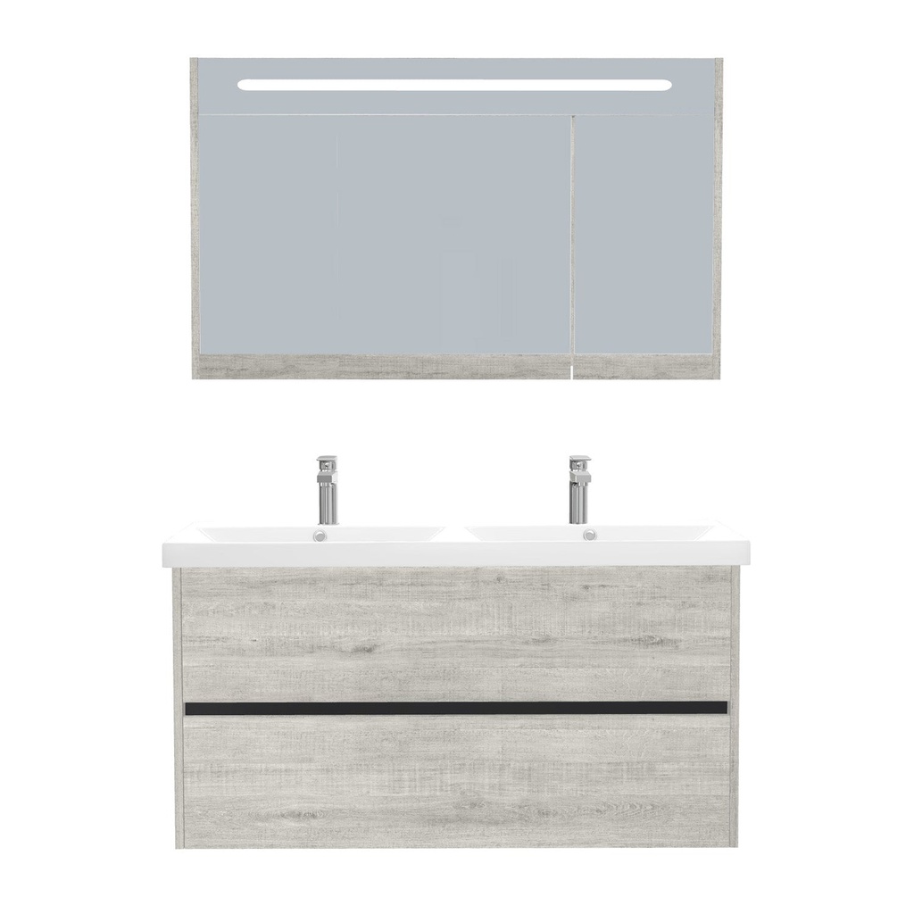 [T-BE-120-ST-WEL-LSK-LS] Berlin Badkamermeubel Set 120 cm Lissabon - Onderkast MDF Softclose Greeploos 2 lades met Keramische Wastafel 2 kraangat en Badkamerspiegelkast met Led-verlichting