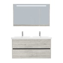 Berlin Badkamermeubel Set 120 cm Lissabon - Onderkast MDF Softclose Greeploos 2 lades met Keramische Wastafel 2 kraangat en Badkamerspiegelkast met Led-verlichting