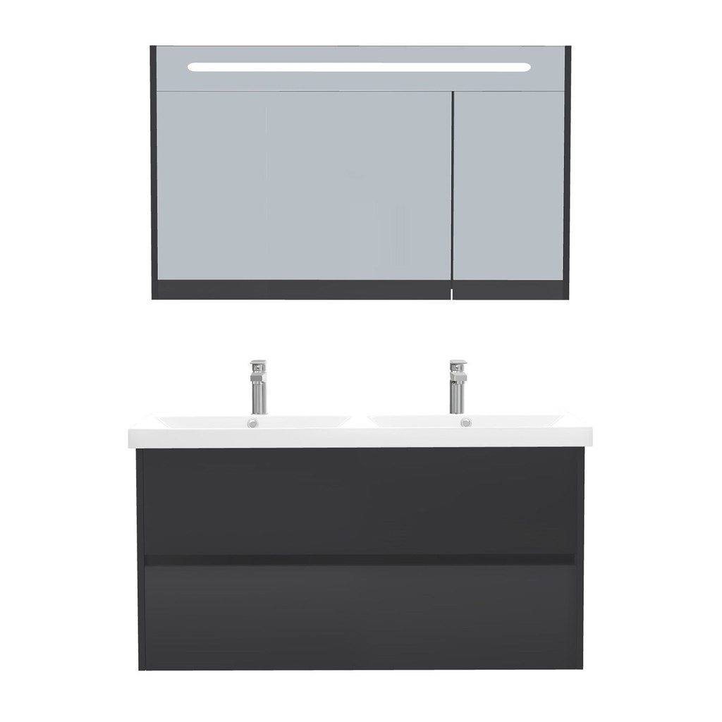[T-BE-120-ST-WEL-LSK-MS] Berlin Badkamermeubel Set 120 cm Mat Zwart - Onderkast MDF Softclose Greeploos 2 lades met Keramische Wastafel 2 kraangat en Badkamerspiegelkast met Led-verlichting