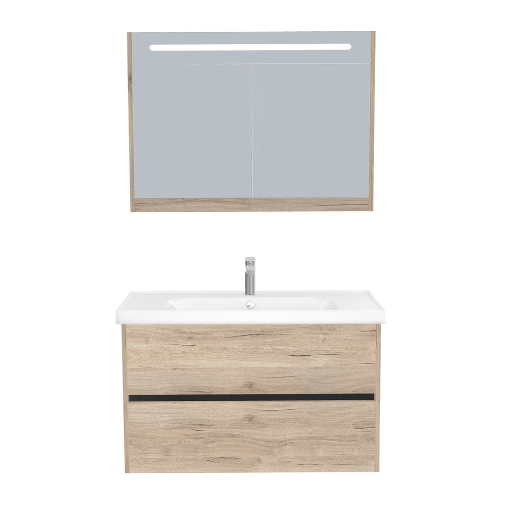 [T-BE-100-ST-WFR-LSK-DE] Berlin Badkamermeubel Set 100 cm Duitse Eik - Onderkast MDF Softclose Greeploos 2 lades met Keramische Wastafel 1 kraangat en Badkamerspiegelkast met Led-verlichting