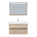 Berlin Badkamermeubel Set 100 cm Duitse Eik - Onderkast MDF Softclose Greeploos 2 lades met Keramische Wastafel 1 kraangat en Badkamerspiegelkast met Led-verlichting