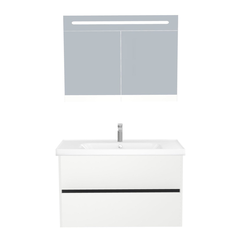 [T-BE-100-ST-WFR-LSK-HW] Berlin Badkamermeubel Set 100 cm Hoogglans Wit - Onderkast MDF Softclose Greeploos 2 lades met Keramische Wastafel 1 kraangat en Badkamerspiegelkast met Led-verlichting