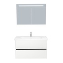 Berlin Badkamermeubel Set 100 cm Hoogglans Wit - Onderkast MDF Softclose Greeploos 2 lades met Keramische Wastafel 1 kraangat en Badkamerspiegelkast met Led-verlichting