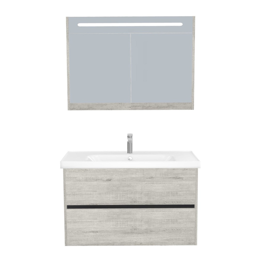 [T-BE-100-ST-WFR-LSK-LS] Berlin Badkamermeubel Set 100 cm Lissabon - Onderkast MDF Softclose Greeploos 2 lades met Keramische Wastafel 1 kraangat en Badkamerspiegelkast met Led-verlichting