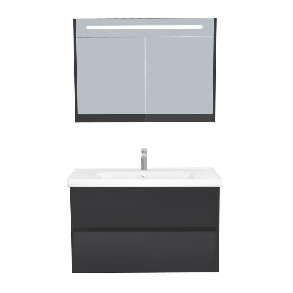 [T-BE-100-ST-WFR-LSK-MS] Berlin Badkamermeubel Set 100 cm Mat Zwart - Onderkast MDF Softclose Greeploos 2 lades met Keramische Wastafel 1 kraangat en Badkamerspiegelkast met Led-verlichting