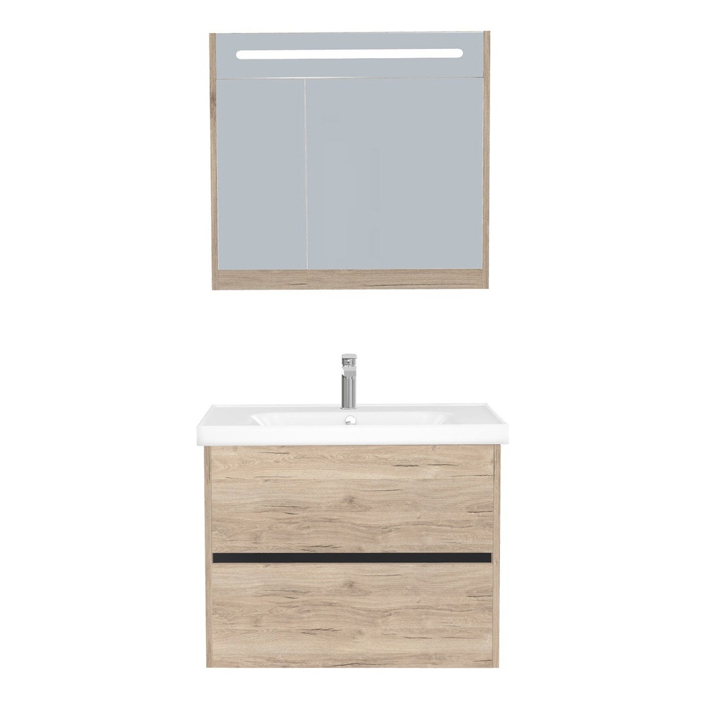 [T-BE-80-ST-WFR-LSK-DE] Berlin Badkamermeubel Set 80 cm Duitse Eik - Onderkast MDF Softclose Greeploos 2 lades met Keramische Wastafel 1 kraangat en Badkamerspiegelkast met Led-verlichting