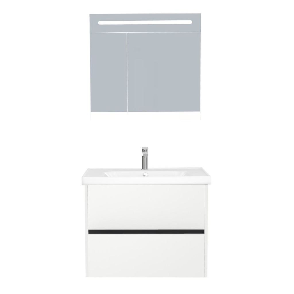 [T-BE-80-ST-WFR-LSK-HW] Berlin Badkamermeubel Set 80 cm Hoogglans Wit - Onderkast MDF Softclose Greeploos 2 lades met Keramische Wastafel 1 kraangat en Badkamerspiegelkast met Led-verlichting