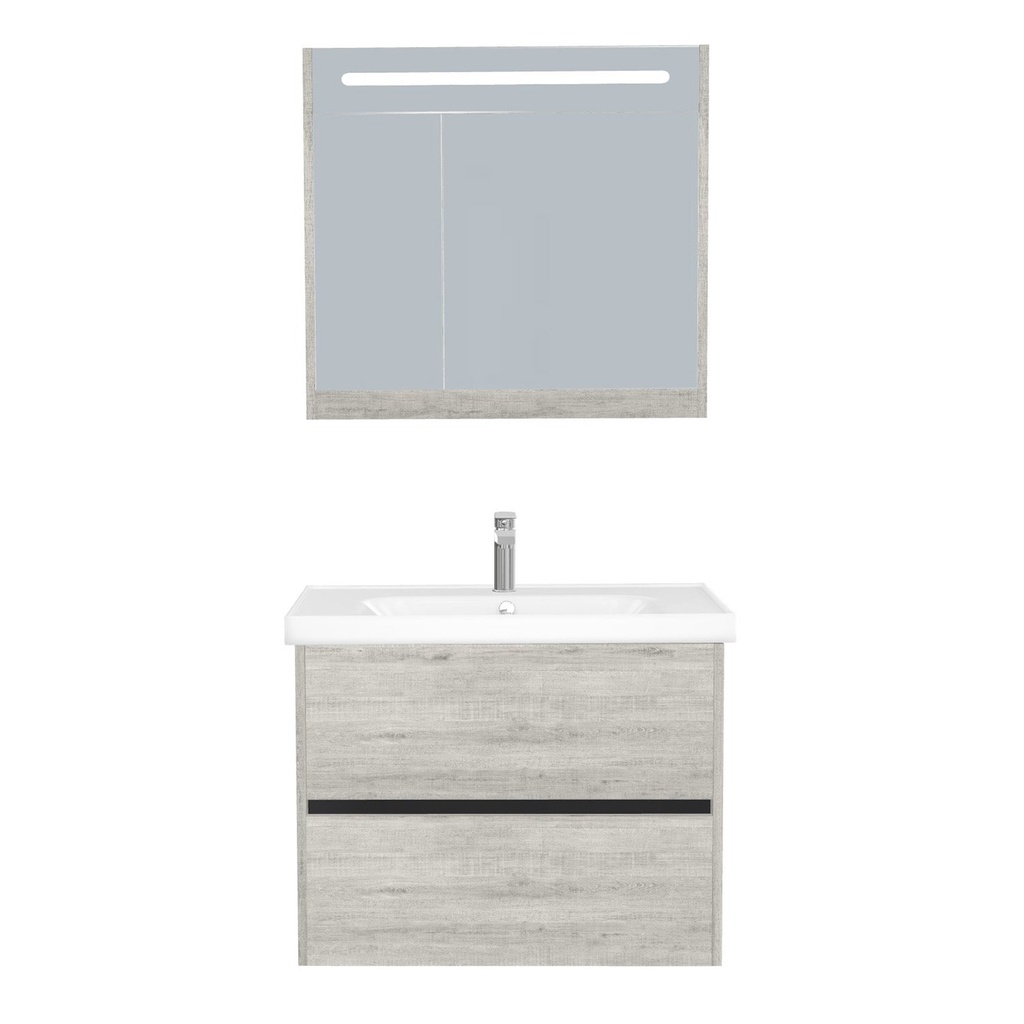 [T-BE-80-ST-WFR-LSK-LS] Berlin Badkamermeubel Set 80 cm Lissabon - Onderkast MDF Softclose Greeploos 2 lades met Keramische Wastafel 1 kraangat en Badkamerspiegelkast met Led-verlichting