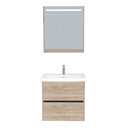 Berlin Badkamermeubel Set 65 cm Duitse Eik - Onderkast MDF Softclose Greeploos 2 lades met Keramische Wastafel 1 kraangat en Badkamerspiegelkast met Led-verlichting