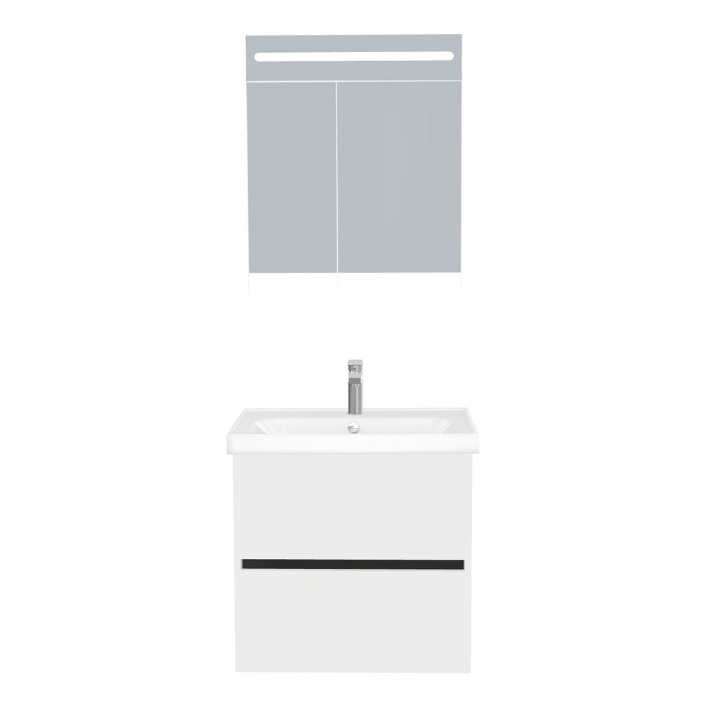 [T-BE-65-ST-WFR-LSK-HW] Berlin Badkamermeubel Set 65 cm Hoogglans Wit - Onderkast MDF Softclose Greeploos 2 lades met Keramische Wastafel 1 kraangat en Badkamerspiegelkast met Led-verlichting