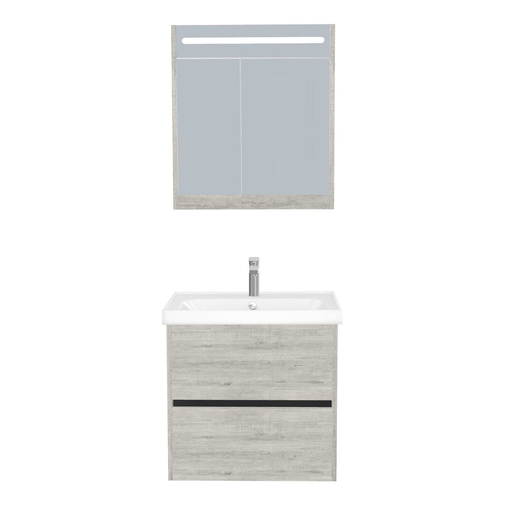 [T-BE-65-ST-WFR-LSK-LS] Berlin Badkamermeubel Set 65 cm Lissabon - Onderkast MDF Softclose Greeploos 2 lades met Keramische Wastafel 1 kraangat en Badkamerspiegelkast met Led-verlichting