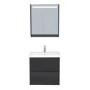 Berlin Badkamermeubel Set 65 cm Mat Zwart - Onderkast MDF Softclose Greeploos 2 lades met Keramische Wastafel 1 kraangat en Badkamerspiegelkast met Led-verlichting