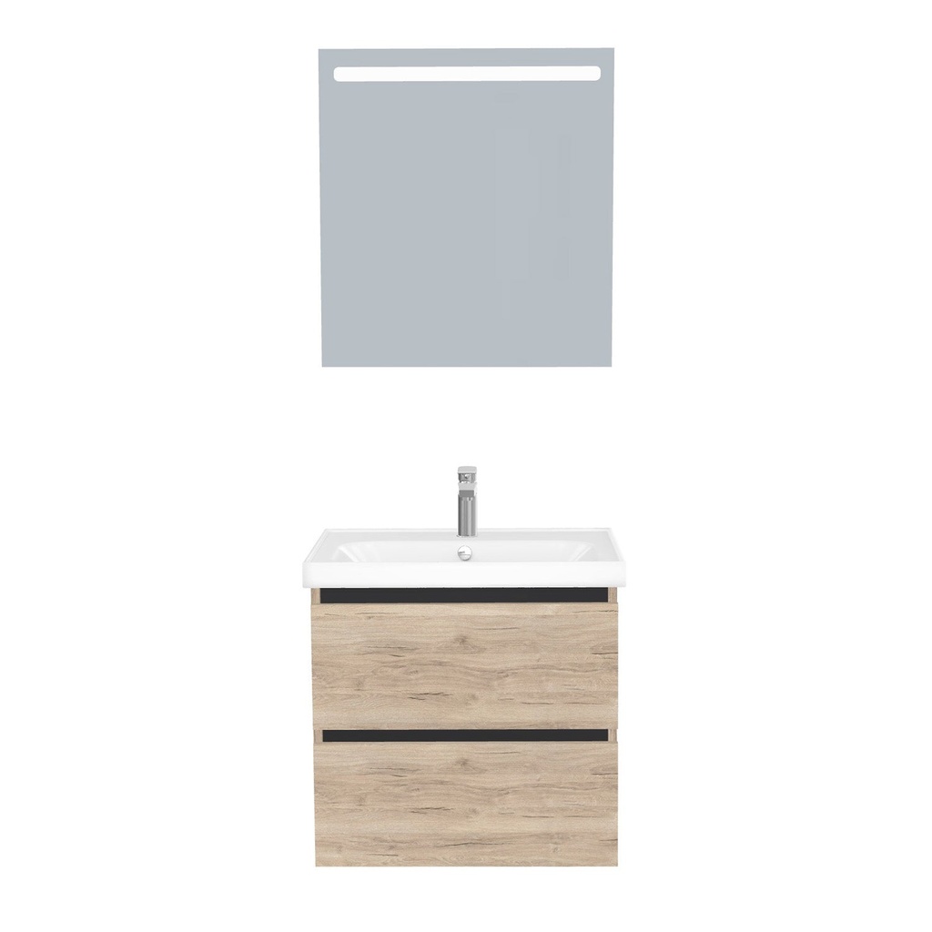 [T-BO-65-ST-WFR-LS-DE] Bonn Badkamermeubel Set 65 cm Duitse Eik - Onderkast MDF Softclose Greeploos 2 lades met Keramische Wastafel 1 kraangat en Badkamerspiegel met Led-verlichting