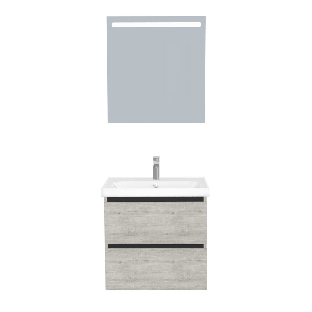 [T-BO-65-ST-WFR-LS-LS] Bonn Badkamermeubel Set 65 cm Lissabon - Onderkast MDF Softclose Greeploos 2 lades met Keramische Wastafel 1 kraangat en Badkamerspiegel met Led-verlichting