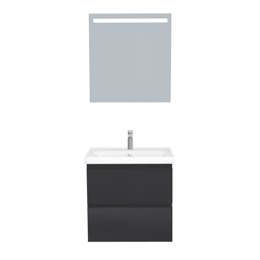 [T-BO-65-ST-WFR-LS-MS] Bonn Badkamermeubel Set 65 cm Mat Zwart - Onderkast MDF Softclose Greeploos 2 lades met Keramische Wastafel 1 kraangat en Badkamerspiegel met Led-verlichting