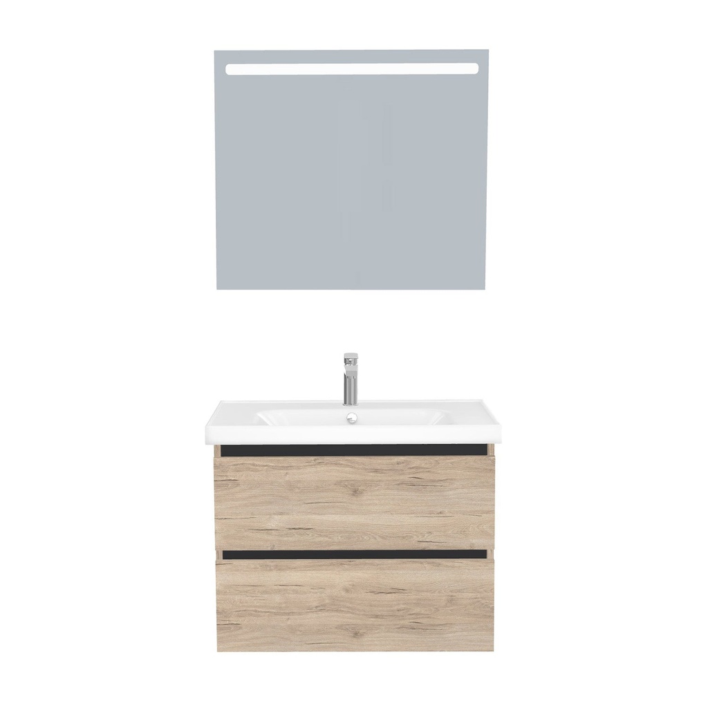 [T-BO-80-ST-WFR-LS-DE] Bonn Badkamermeubel Set 80 cm Duitse Eik  - Onderkast MDF Softclose Greeploos 2 lades met Keramische Wastafel 1 kraangat en Badkamerspiegel met Led-verlichting