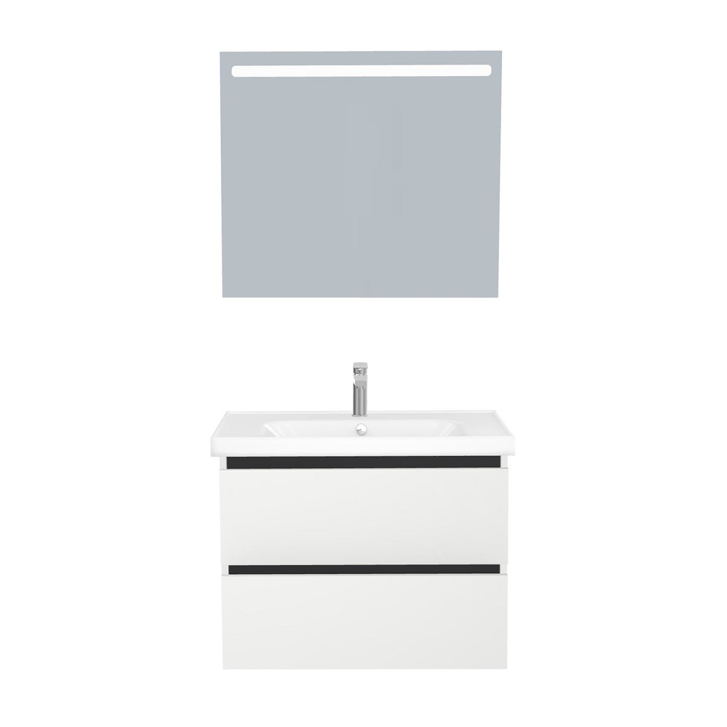 [T-BO-80-ST-WFR-LS-HW] Bonn Badkamermeubel Set 80 cm Hoogglans Wit - Onderkast MDF Softclose Greeploos 2 lades met Keramische Wastafel 1 kraangat en Badkamerspiegel met Led-verlichting