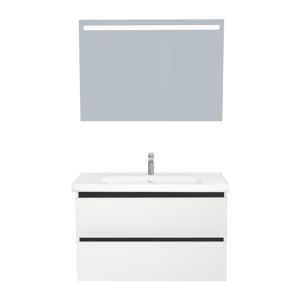 [T-BO-100-ST-WFR-LS-HW] Bonn Badkamermeubel Set 100 cm Hoogglans Wit - Onderkast MDF Softclose Greeploos 2 lades met Keramische Wastafel 1 kraangat en Badkamerspiegel met Led-verlichting