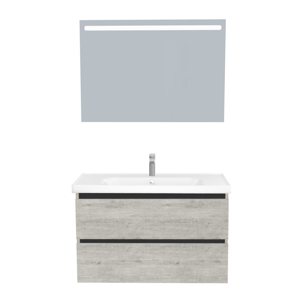 [T-BO-100-ST-WFR-LS-LS] Bonn Badkamermeubel Set 100 cm Lissabon - Onderkast MDF Softclose Greeploos 2 lades met Keramische Wastafel 1 kraangat en Badkamerspiegel met Led-verlichting