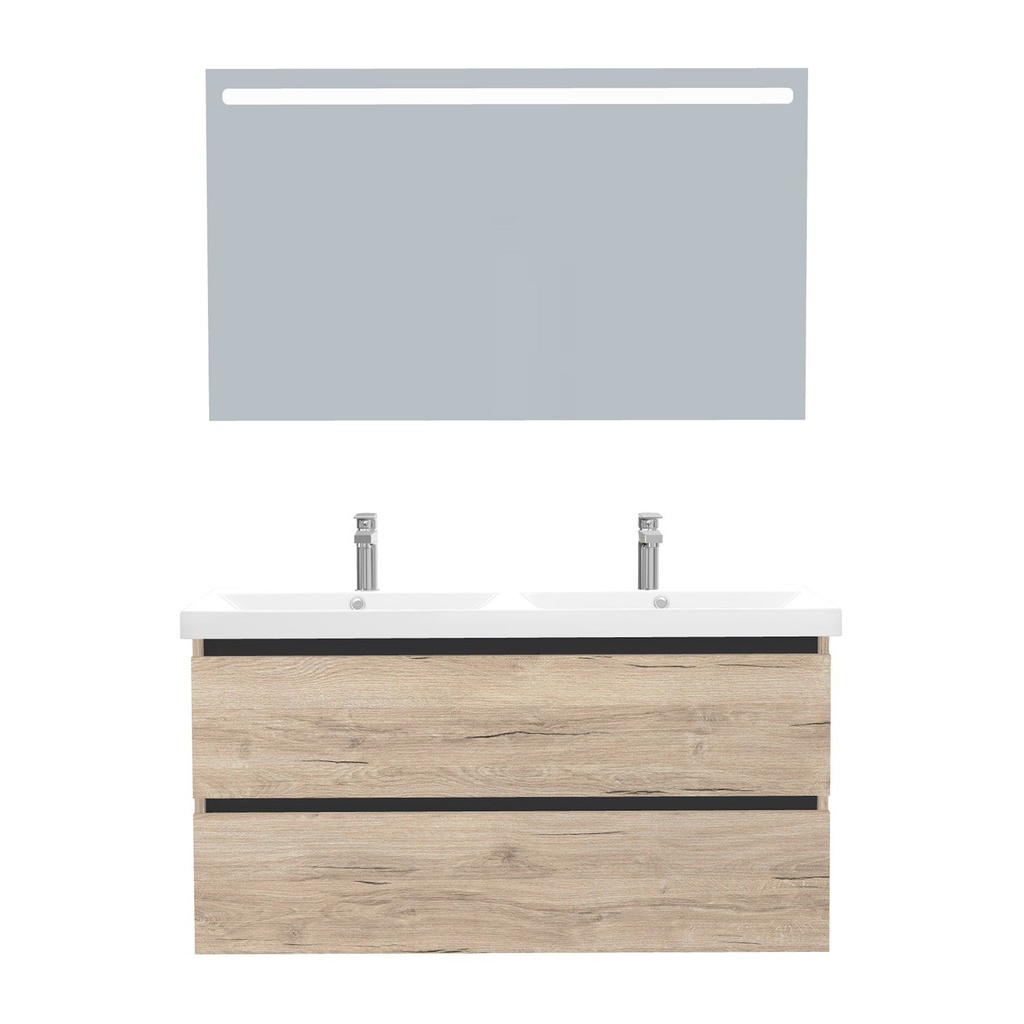 [T-BO-120-ST-WEL-LS-DE] Bonn Badkamermeubel Set 120 cm Duitse Eik - Onderkast MDF Softclose Greeploos 2 lades met Keramische Wastafel 2 kraangat en Badkamerspiegel met Led-verlichting