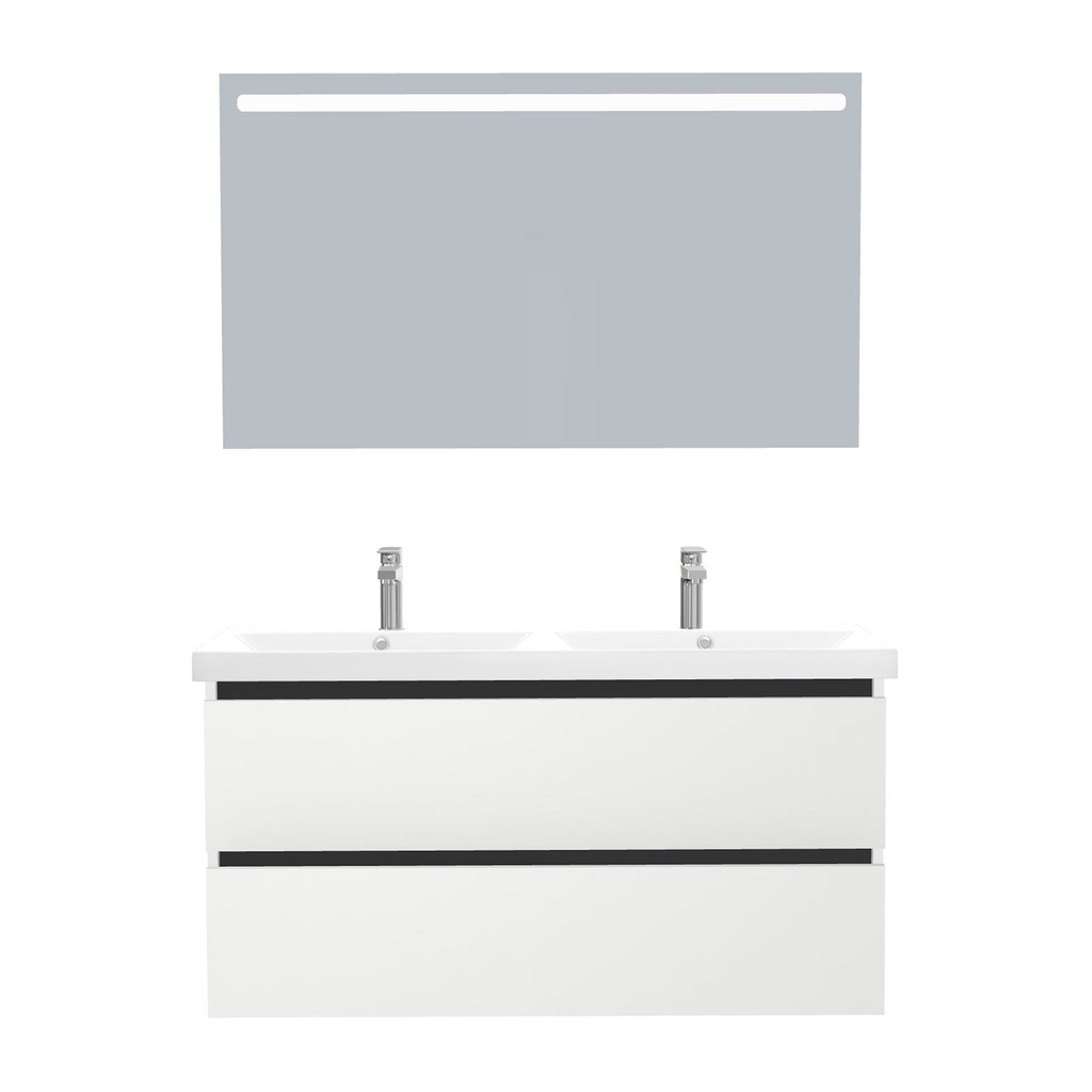 [T-BO-120-ST-WEL-LS-HW] Bonn Badkamermeubel Set 120 cm Hoogglans Wit - Onderkast MDF Softclose Greeploos 2 lades met Keramische Wastafel 2 kraangat en Badkamerspiegel met Led-verlichting