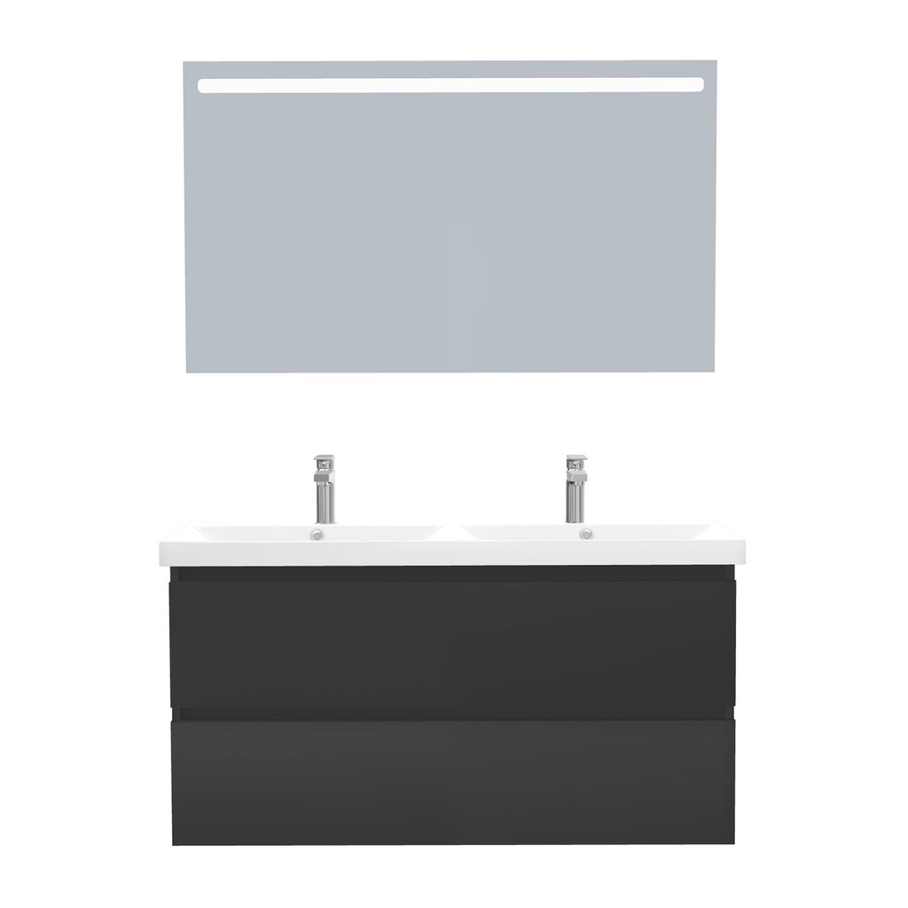 [T-BO-120-ST-WEL-LS-MS] Bonn Badkamermeubel Set 120 cm Mat Zwart - Onderkast MDF Softclose Greeploos 2 lades met Keramische Wastafel 2 kraangat en Badkamerspiegel met Led-verlichting