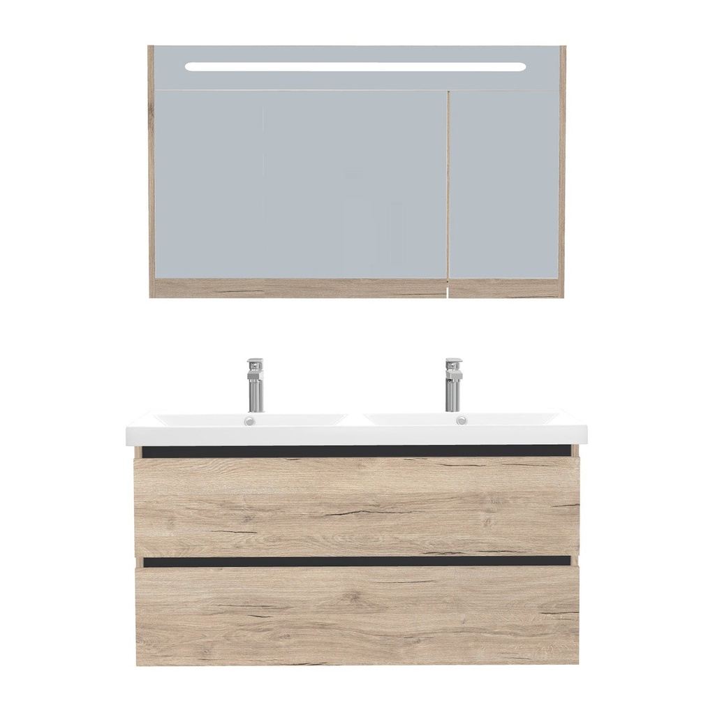 [T-BO-120-ST-WEL-LSK-DE] Bonn Badkamermeubel Set 120 cm Duitse Eik - Onderkast MDF Softclose Greeploos 2 lades met Keramische Wastafel 2 kraangat en Badkamerspiegelkast met Led-verlichting