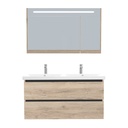 Bonn Badkamermeubel Set 120 cm Duitse Eik - Onderkast MDF Softclose Greeploos 2 lades met Keramische Wastafel 2 kraangat en Badkamerspiegelkast met Led-verlichting