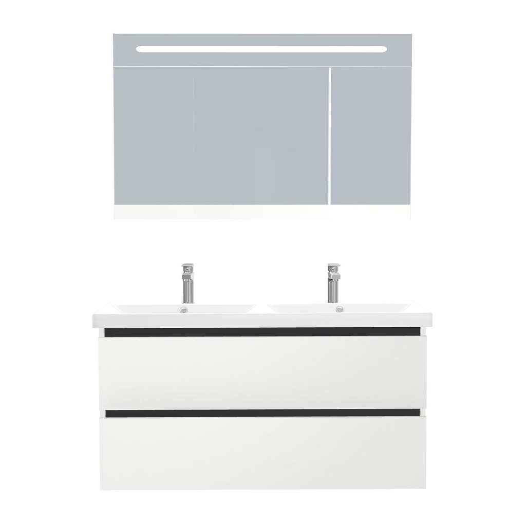 [T-BO-120-ST-WEL-LSK-HW] Bonn Badkamermeubel Set 120 cm Hoogglans Wit - Onderkast MDF Softclose Greeploos 2 lades met Keramische Wastafel 2 kraangat en Badkamerspiegelkast met Led-verlichting