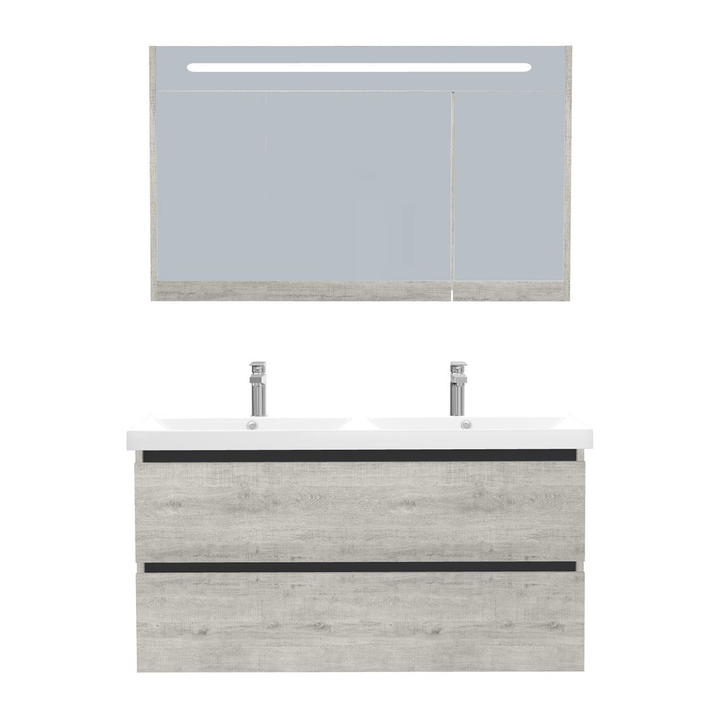 [T-BO-120-ST-WEL-LSK-LS] Bonn Badkamermeubel Set 120 cm Lissabon - Onderkast MDF Softclose Greeploos 2 lades met Keramische Wastafel 2 kraangat en Badkamerspiegelkast met Led-verlichting