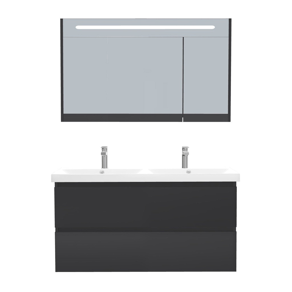 [T-BO-120-ST-WEL-LSK-MS] Bonn Badkamermeubel Set 120 cm Mat Zwart - Onderkast MDF Softclose Greeploos 2 lades met Keramische Wastafel 2 kraangat en Badkamerspiegelkast met Led-verlichting