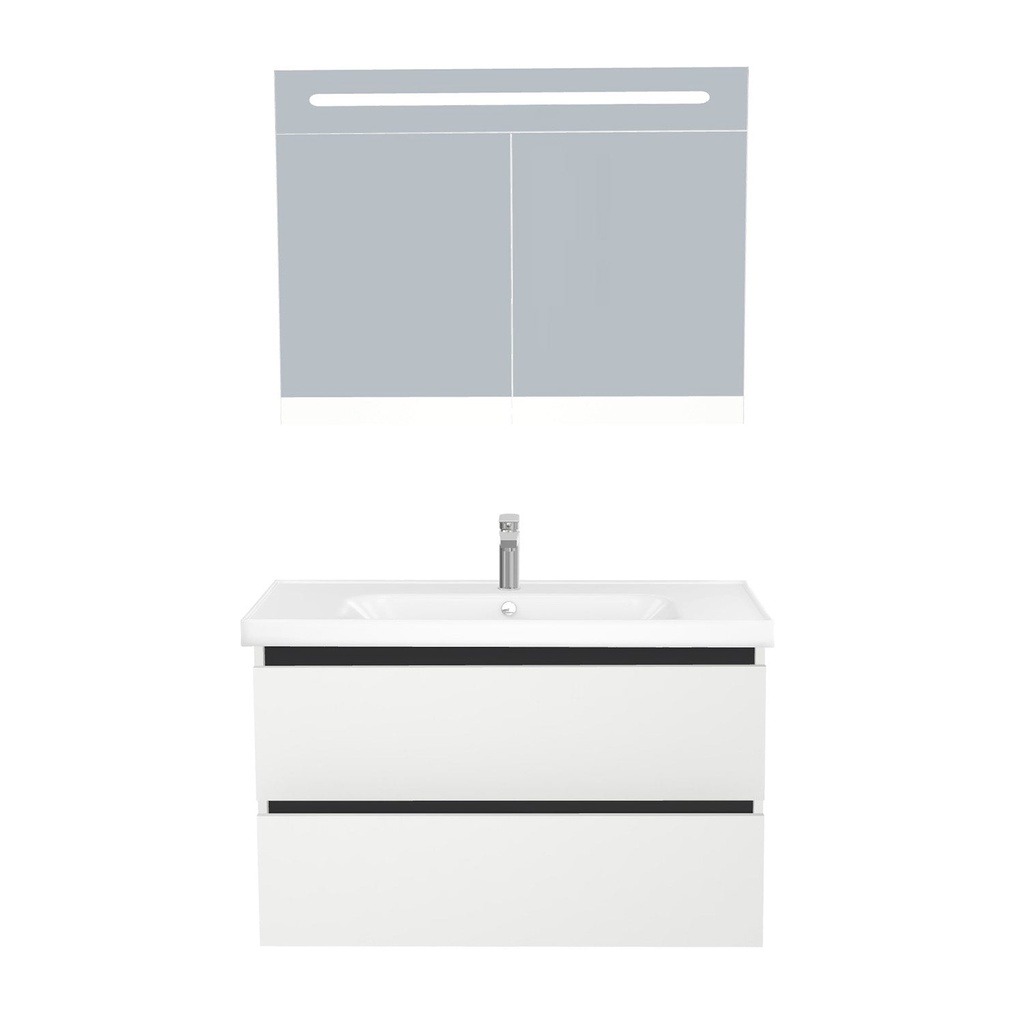 [T-BO-100-ST-WFR-LSK-HW] Bonn Badkamermeubel Set 100 cm Hoogglans Wit - Onderkast MDF Softclose Greeploos 2 lades met Keramische Wastafel 1 kraangat en Badkamerspiegelkast met Led-verlichting