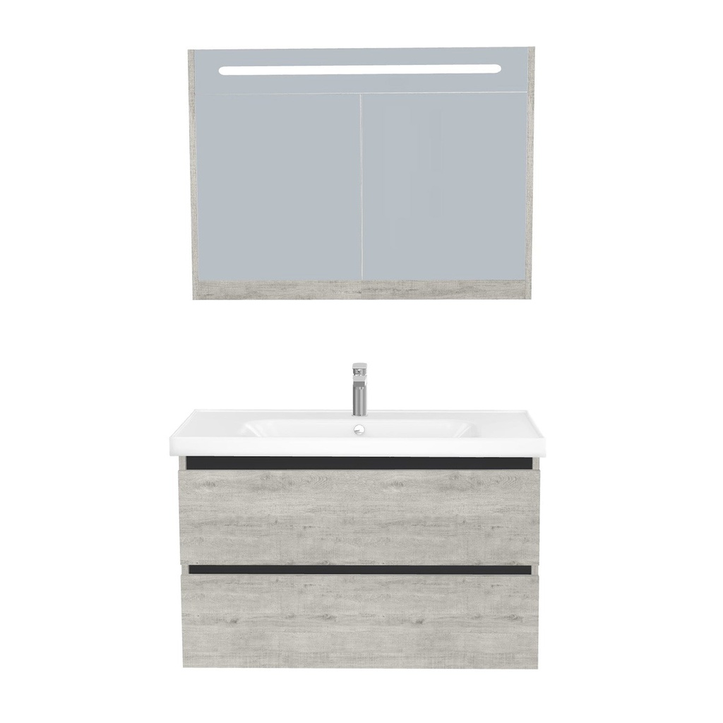 [T-BO-100-ST-WFR-LSK-LS] Bonn Badkamermeubel Set 100 cm Lissabon - Onderkast MDF Softclose Greeploos 2 lades met Keramische Wastafel 1 kraangat en Badkamerspiegelkast met Led-verlichting