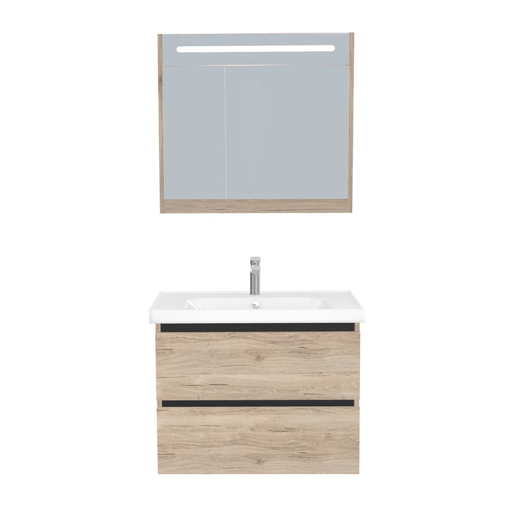 [T-BO-80-ST-WFR-LSK-DE] Bonn Badkamermeubel Set 80 cm Duitse Eik - Onderkast MDF Softclose Greeploos 2 lades met Keramische Wastafel 1 kraangat en Badkamerspiegelkast met Led-verlichting