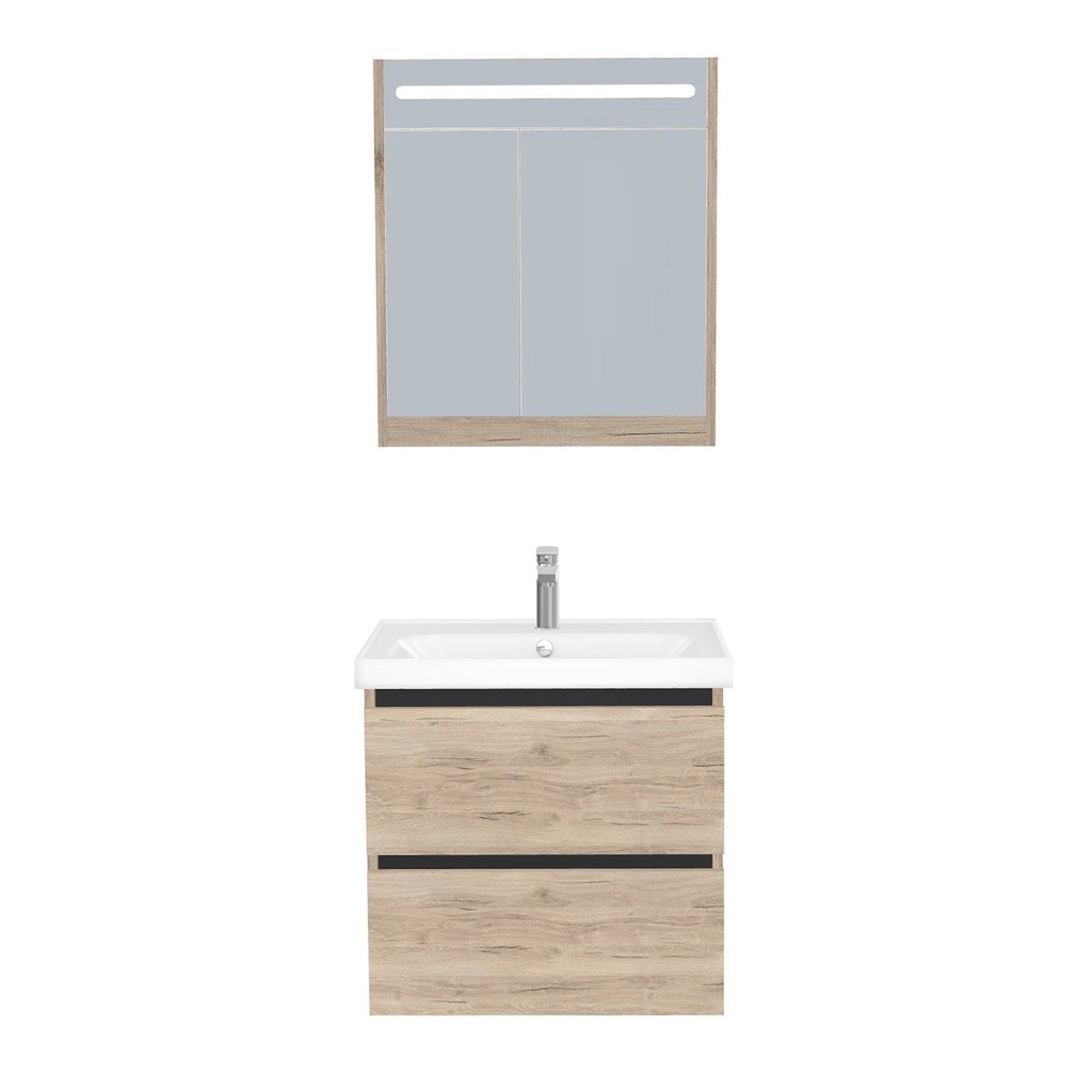 [T-BO-65-ST-WFR-LSK-DE] Bonn Badkamermeubel Set 65 cm Duitse Eik - Onderkast MDF Softclose Greeploos 2 lades met Keramische Wastafel 1 kraangat en Badkamerspiegelkast met Led-verlichting