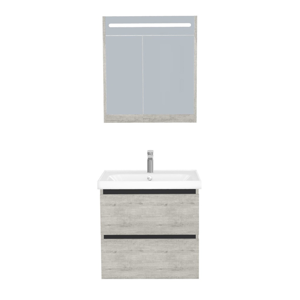 [T-BO-65-ST-WFR-LSK-LS] Bonn Badkamermeubel Set 65 cm Lissabon - Onderkast MDF Softclose Greeploos 2 lades met Keramische Wastafel 1 kraangat en Badkamerspiegelkast met Led-verlichting