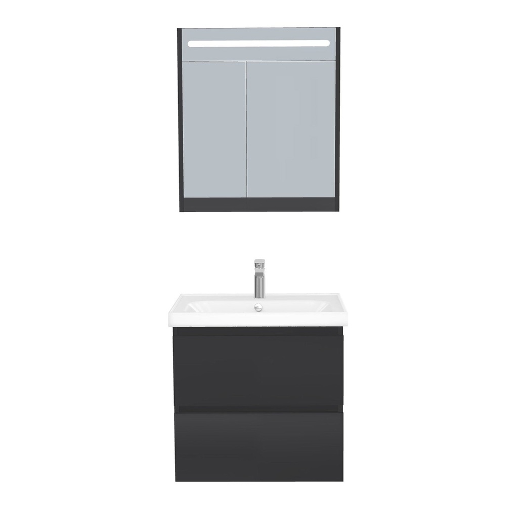 [T-BO-65-ST-WFR-LSK-MS] Bonn Badkamermeubel Set 65 cm Mat Zwart - Onderkast MDF Softclose Greeploos 2 lades met Keramische Wastafel 1 kraangat en Badkamerspiegelkast met Led-verlichting