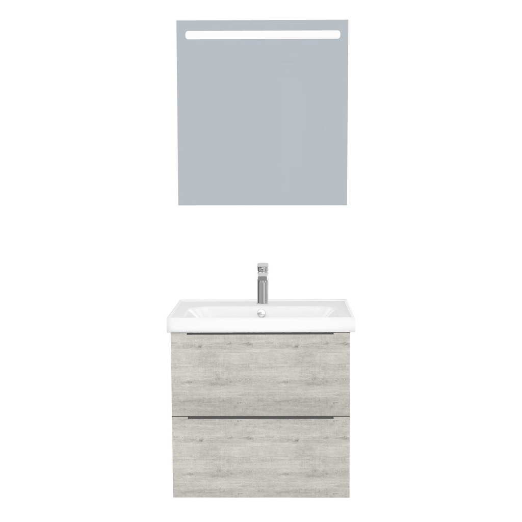 [T-FR-65-ST-WFR-LS-LS] Frankfurt Badkamermeubel Set 65 cm Lissabon - Onderkast MDF Softclose Semi handgreep 2 lades met Keramische Wastafel 1 kraangat en Badkamerspiegel met Led-verlichting