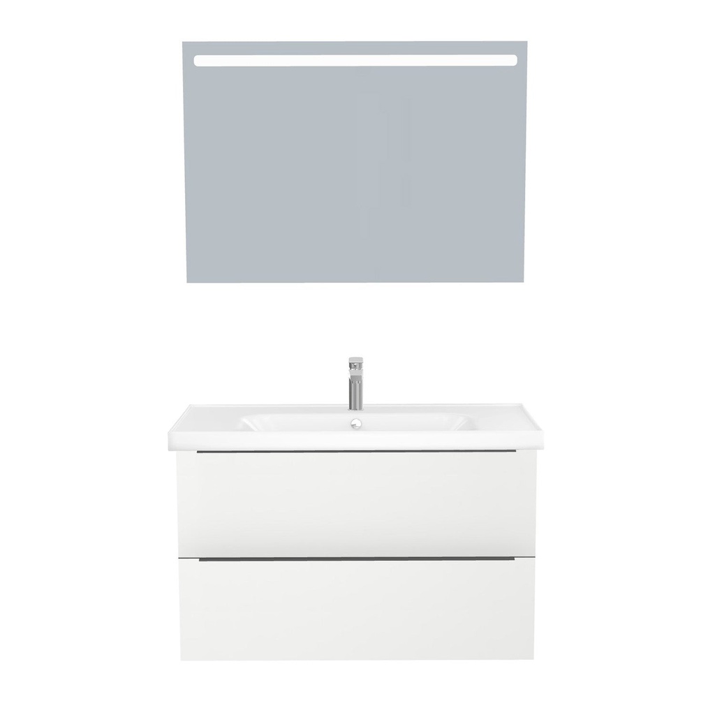 [T-FR-100-ST-WFR-LS-HW] Frankfurt Badkamermeubel Set 100 cm Hoogglans Wit - Onderkast MDF Softclose Semi handgreep 2 lades met Keramische Wastafel 1 kraangat en Badkamerspiegel met Led-verlichting