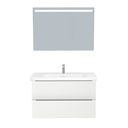 Frankfurt Badkamermeubel Set 100 cm Hoogglans Wit - Onderkast MDF Softclose Semi handgreep 2 lades met Keramische Wastafel 1 kraangat en Badkamerspiegel met Led-verlichting