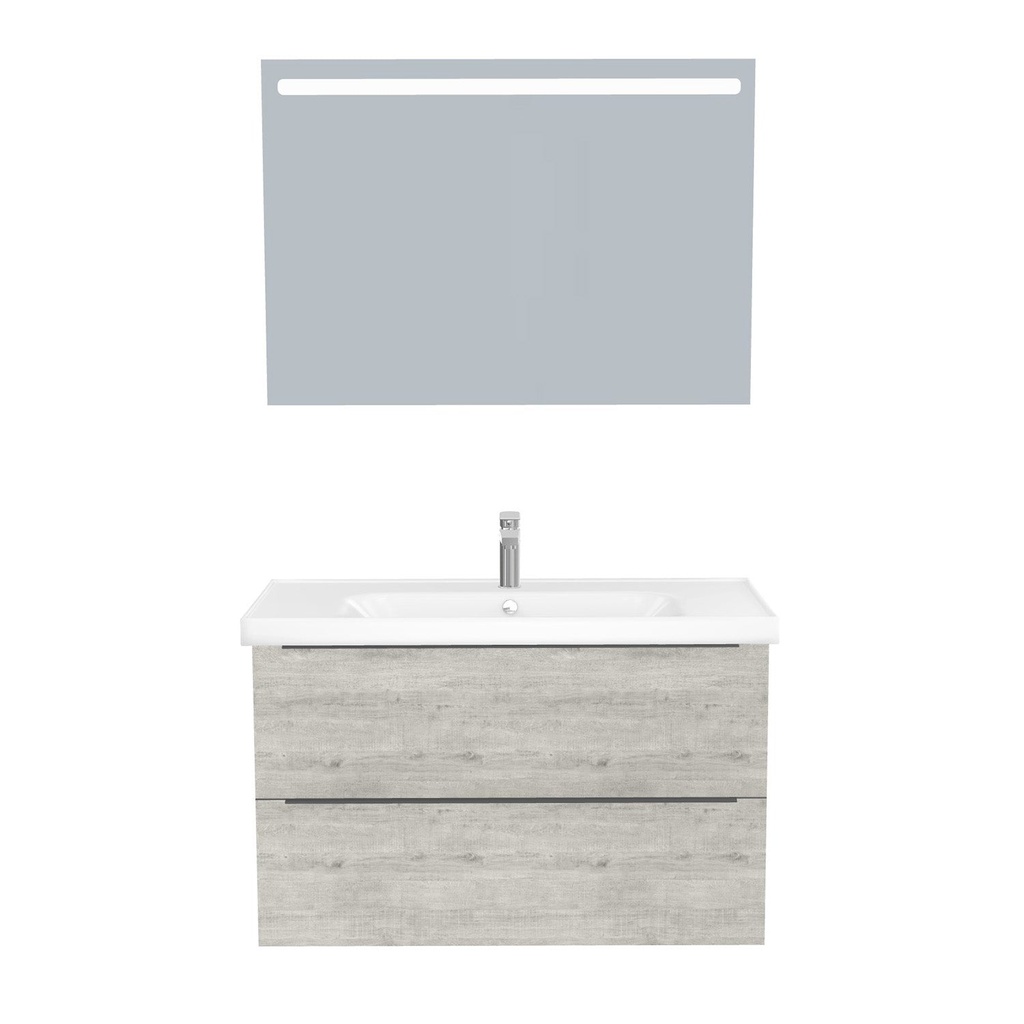 [T-FR-100-ST-WFR-LS-LS] Frankfurt Badkamermeubel Set 100 cm Lissabon - Onderkast MDF Softclose Semi handgreep 2 lades met Keramische Wastafel 1 kraangat en Badkamerspiegel met Led-verlichting