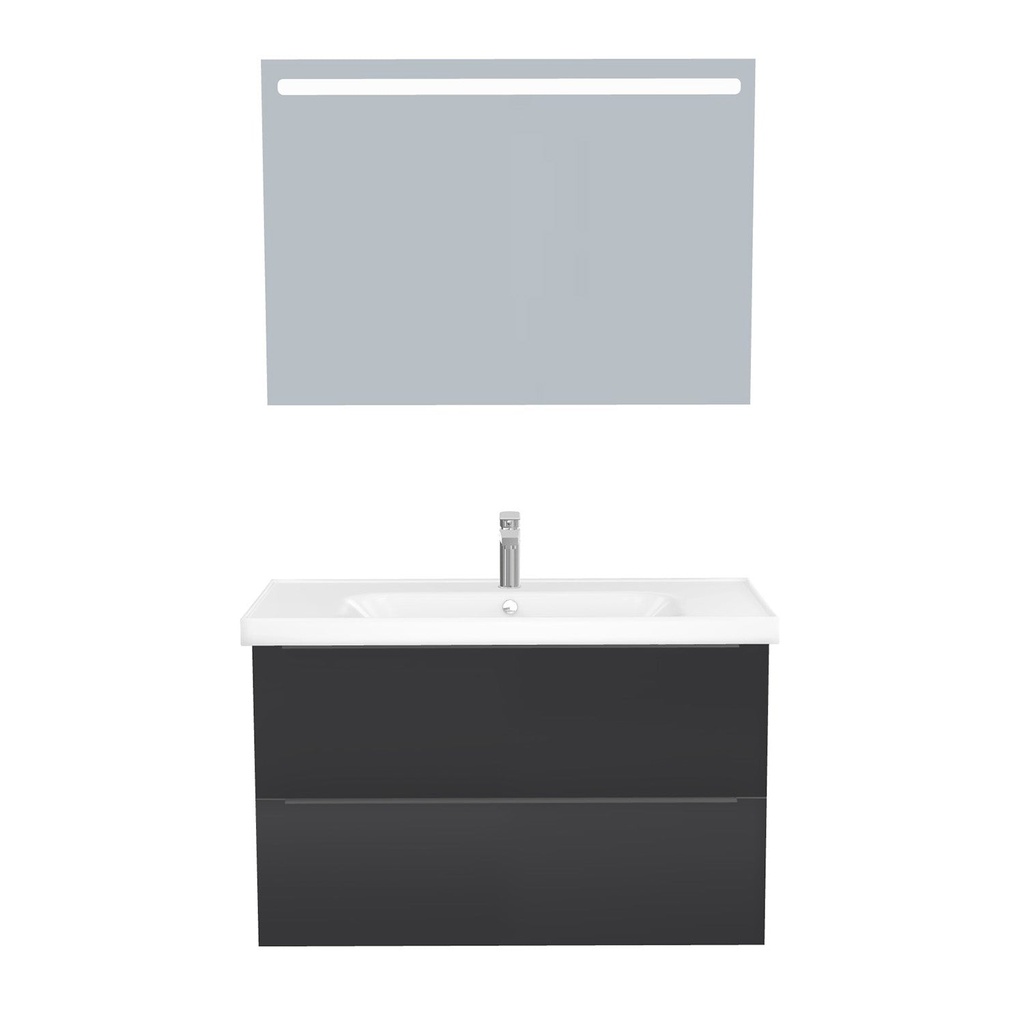 [T-FR-100-ST-WFR-LS-MS] Frankfurt Badkamermeubel Set 100 cm Mat Zwart - Onderkast MDF Softclose Semi handgreep 2 lades met Keramische Wastafel 1 kraangat en Badkamerspiegel met Led-verlichting