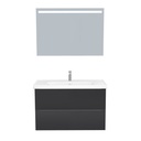 Frankfurt Badkamermeubel Set 100 cm Mat Zwart - Onderkast MDF Softclose Semi handgreep 2 lades met Keramische Wastafel 1 kraangat en Badkamerspiegel met Led-verlichting