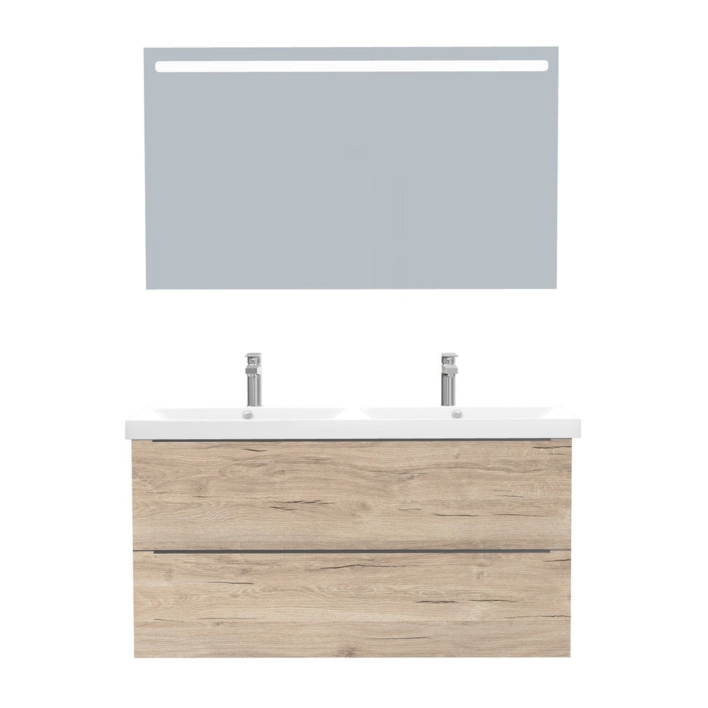 [T-FR-120-ST-WEL-LS-DE] Frankfurt Badkamermeubel Set 120 cm Duitse Eik - Onderkast MDF Softclose Semi handgreep 2 lades met Keramische Wastafel 2 kraangat en Badkamerspiegel met Led-verlichting