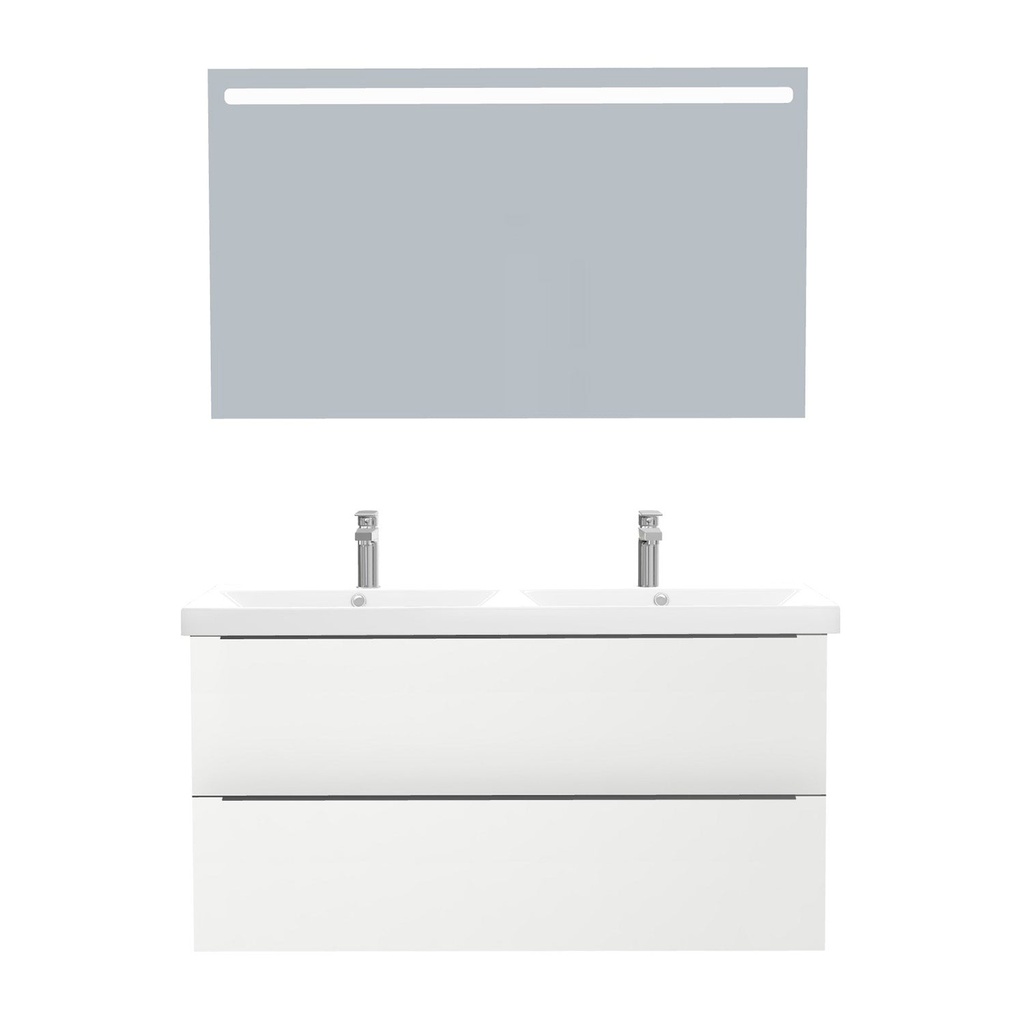 [T-FR-120-ST-WEL-LS-HW] Frankfurt Badkamermeubel Set 120 cm Hoogglans Wit - Onderkast MDF Softclose Semi handgreep 2 lades met Keramische Wastafel 2 kraangat en Badkamerspiegel met Led-verlichting