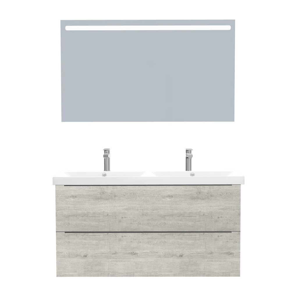 [T-FR-120-ST-WEL-LS-LS] Frankfurt Badkamermeubel Set 120 cm Lissabon - Onderkast MDF Softclose Semi handgreep 2 lades met Keramische Wastafel 2 kraangat en Badkamerspiegel met Led-verlichting