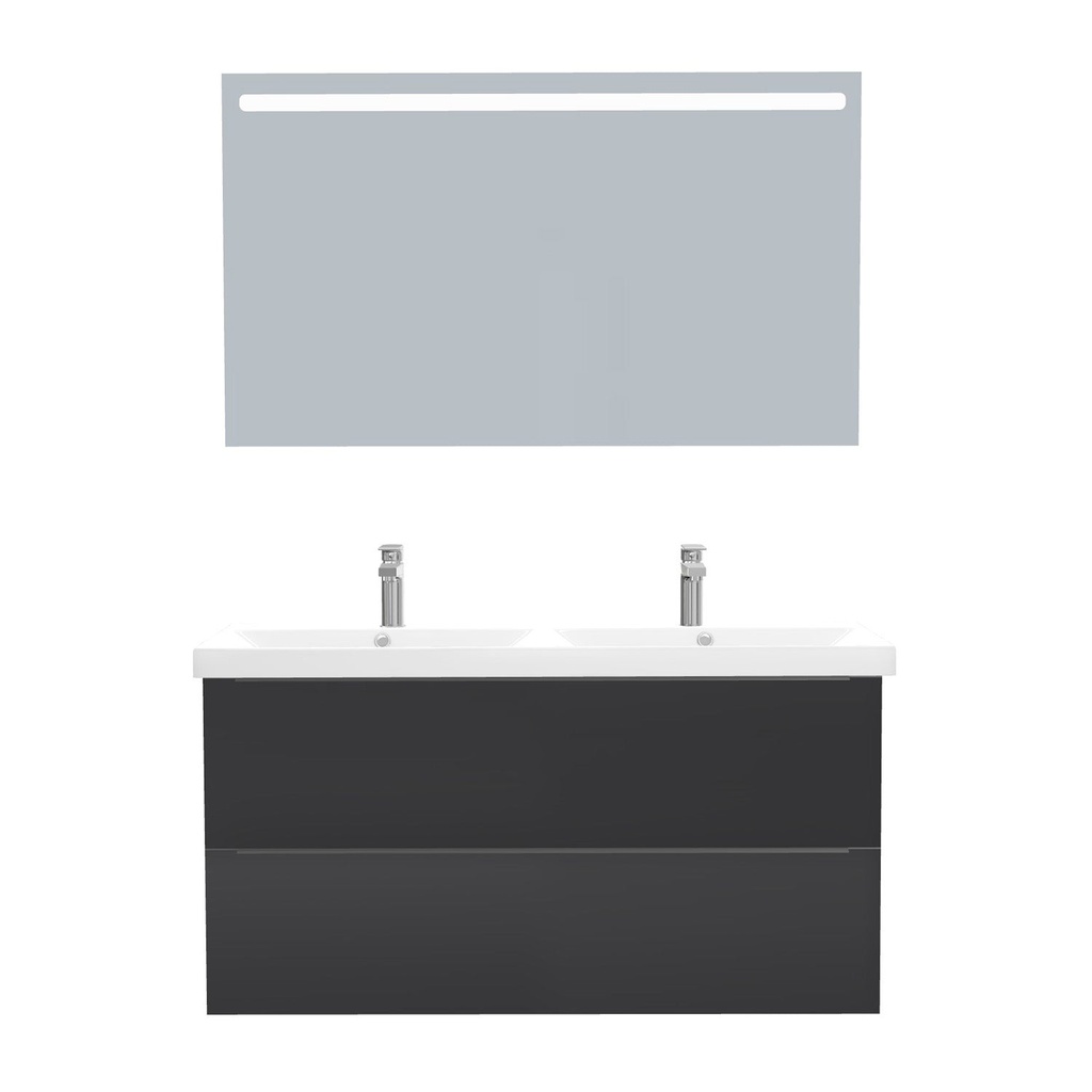 [T-FR-120-ST-WEL-LS-MS] Frankfurt Badkamermeubel Set 120 cm Mat Zwart - Onderkast MDF Softclose Semi handgreep 2 lades met Keramische Wastafel 2 kraangat en Badkamerspiegel met Led-verlichting