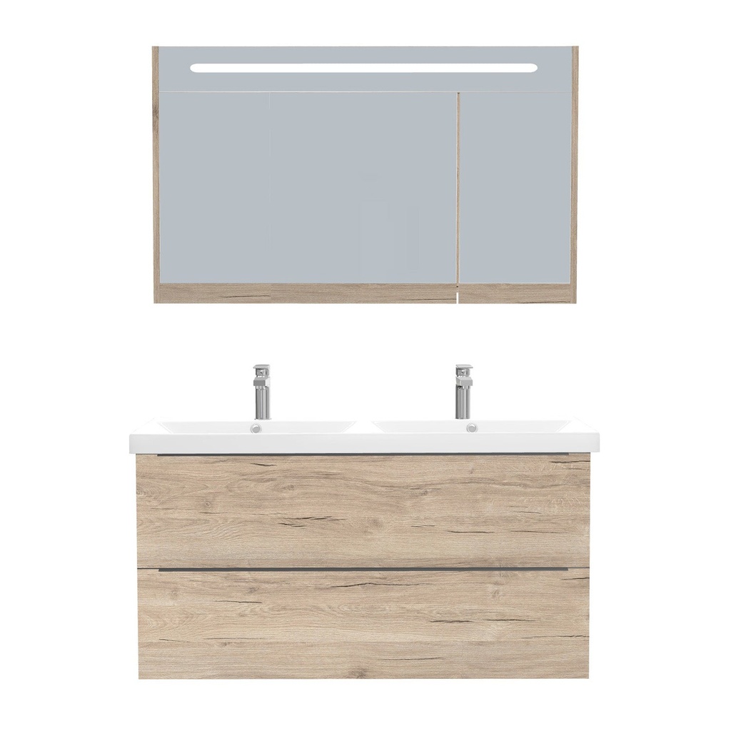 [T-FR-120-ST-WEL-LSK-DE] Frankfurt Badkamermeubel Set 120 cm Duitse Eik - Onderkast MDF Softclose Semi handgreep 2 lades met Keramische Wastafel 2 kraangat en Badkamerspiegelkast met Led-verlichting